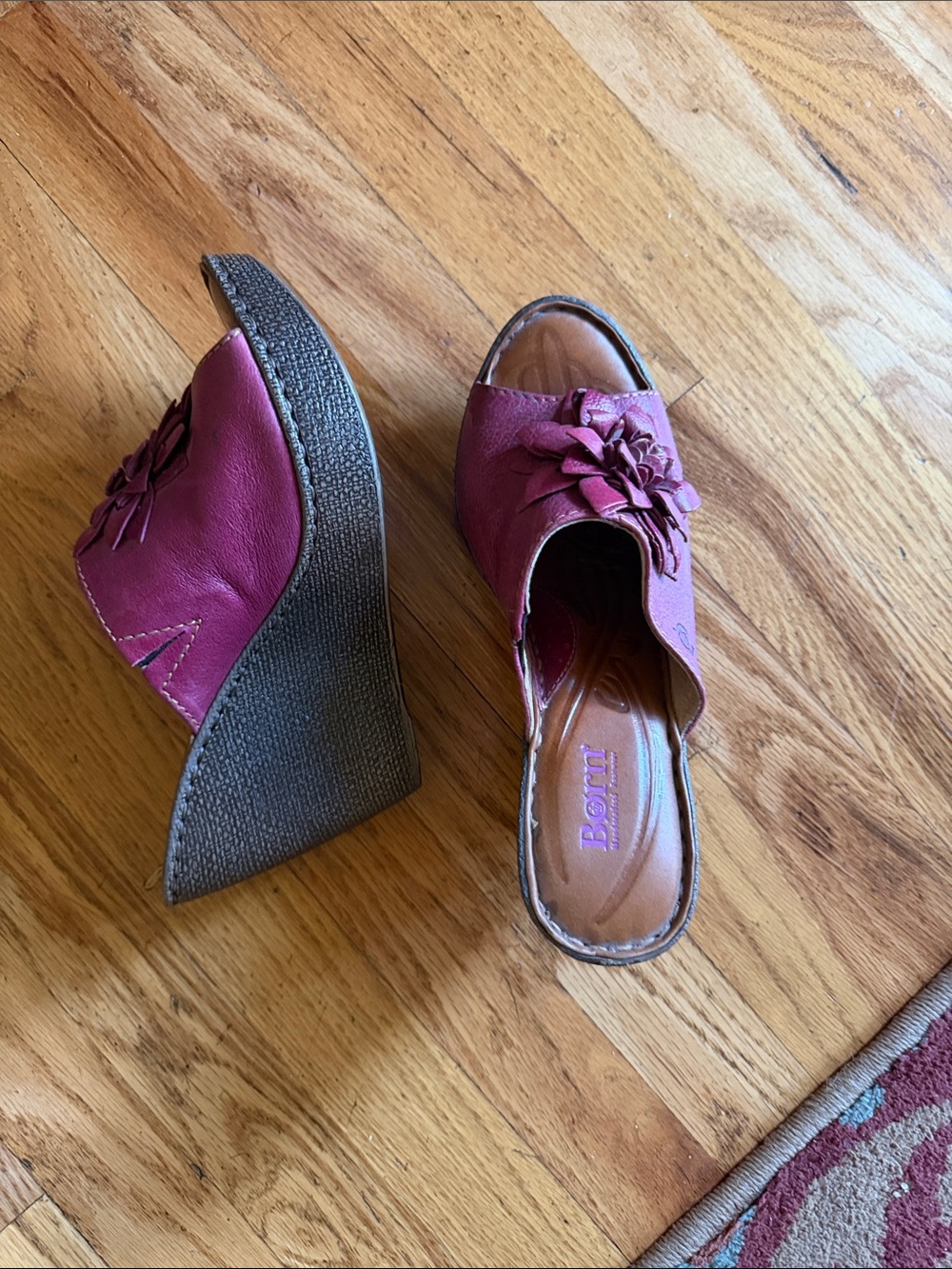 Born Women's Berry Pink Leather Flower Wedge Mules